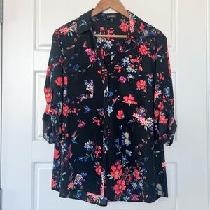 Express Portofino Blouse Black Floral Button Down Women’s Size Large